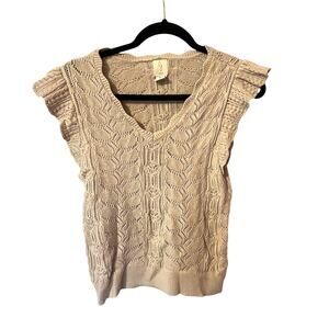 Joie Pointelle Flutter Sleeve V Neck Sweater Oatmeal/Tan SZ S